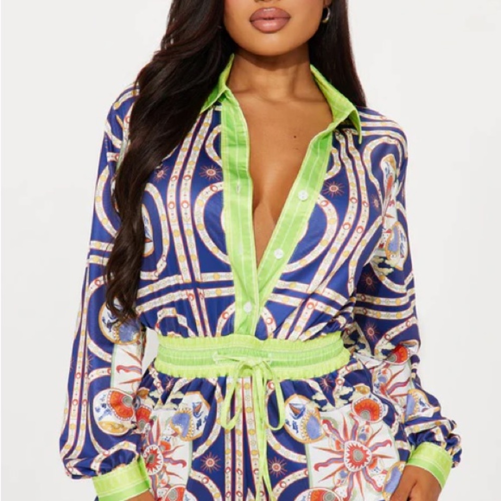 Vibrant Patterned Shirt Dress with Neon Accents